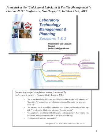 Presented at the 2nd Annual Lab Asset &amp; Facility Management in  Pharma 2019 Conference,