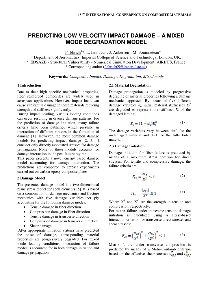 predicting low velocity impact damage a mixed mode