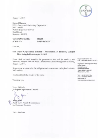 Investor Presentation  Bayer CropScience Limited  August 11, 2017  Cautionary statements regarding