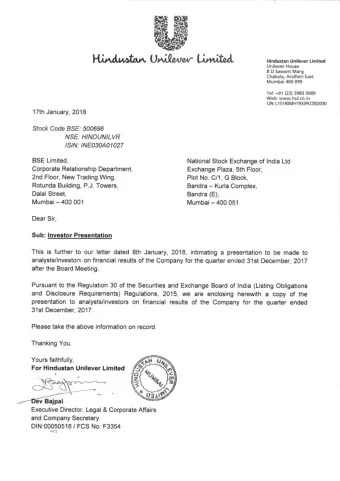 Hindustan Unilever Limited DQ 17 Results Presentation : 17 th January 2018  1  Safe Harbor