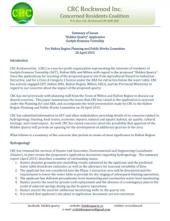 Summary of  of Issu  sues  Hidden Quarry Application  Guelph-Eramosa  sa Township  For Halton