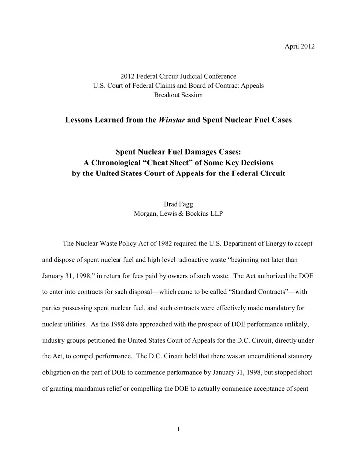 lessons learned from the winstar and spent nuclear fuel
