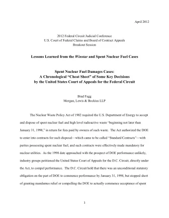 Lessons Learned from the Winstar and Spent Nuclear Fuel Cases  Spent Nuclear Fuel Damages Cases:  A