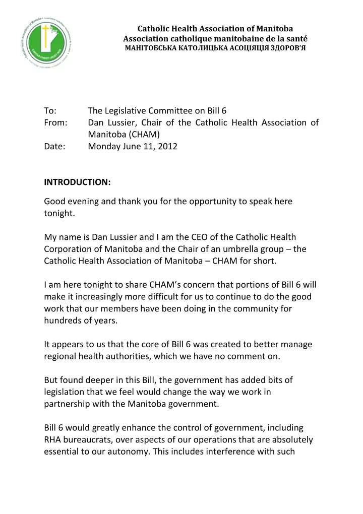 to the legislative committee on bill 6 from dan lussier
