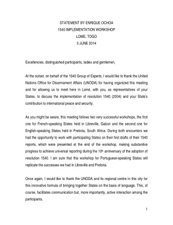 STATEMENT BY ENRIQUE OCHOA  1540 IMPLEMENTATION WORKSHOP  LOME, TOGO  5 JUNE 2014  Excellencies,