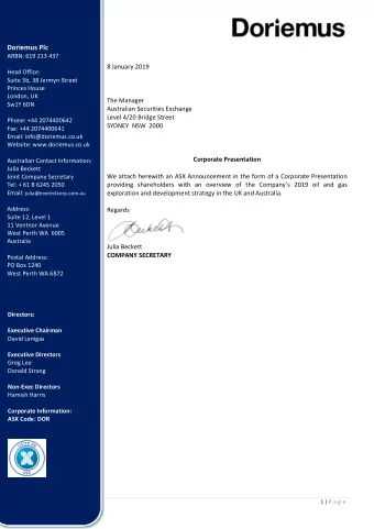 Doriemus Plc  ARBN: 619 213 437  8 January 2019  Head Office:  Suite 3b, 38 Jermyn Street  Princes