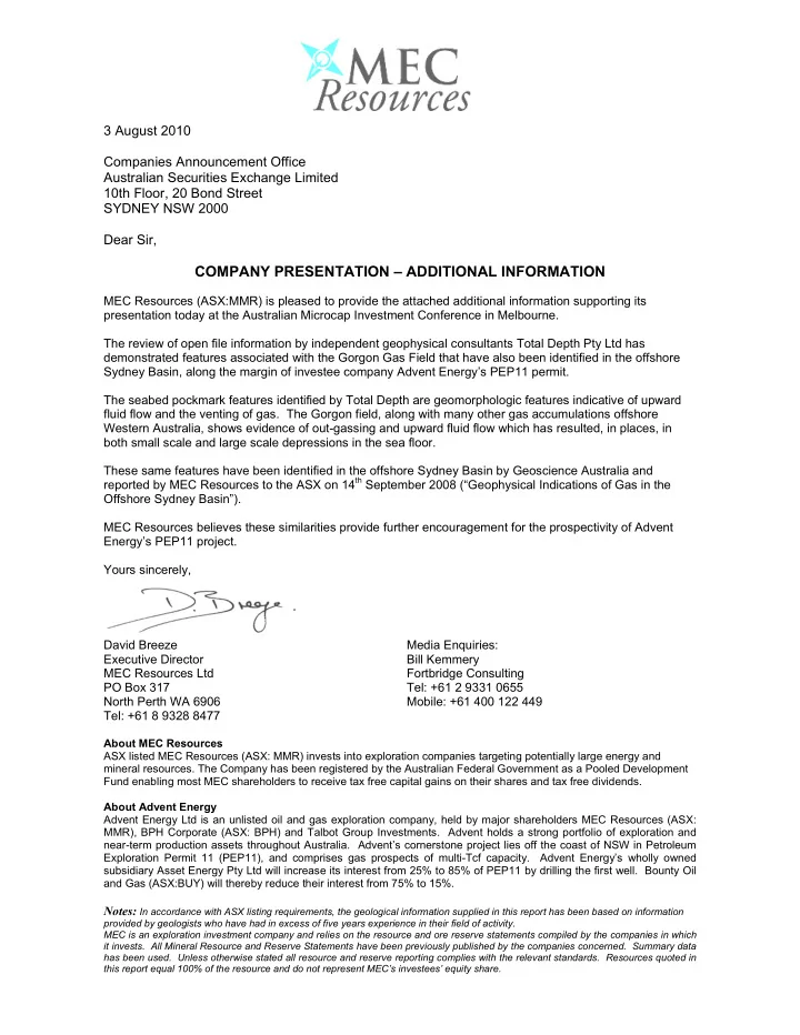 3 august 2010 companies announcement office australian