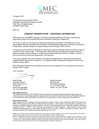 3 August 2010  Companies Announcement Office  Australian Securities Exchange Limited  10th Floor,