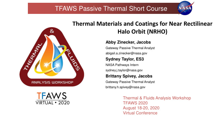 tfaws passive thermal short course thermal materials and