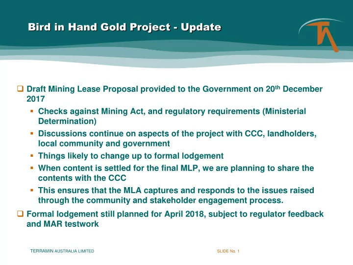 bird in hand gold project update