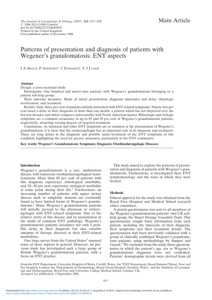 patterns of presentation and diagnosis of patients with