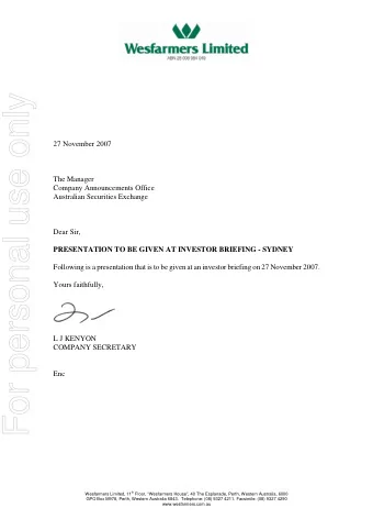 For personal use only  27 November 2007  The Manager  Company Announcements Office  Australian
