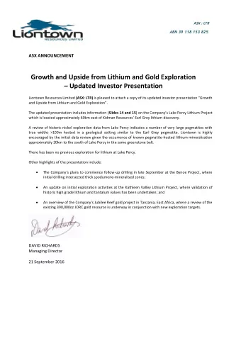 Growth and Upside from Lithium and Gold Exploration  Updated Investor Presentation Liontown