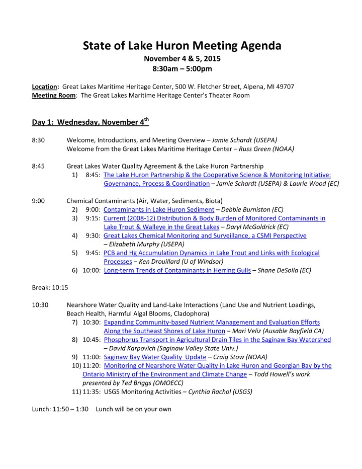 state of lake huron meeting agenda