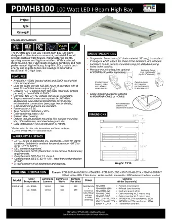 PDM HB100 100 Watt LED I-Beam High Bay  ELECTRICAL DATA  Input Current (A)  Color  Luminaire