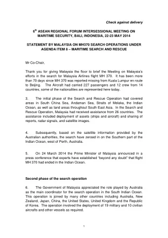 Check against delivery 6 th ASEAN REGIONAL FORUM INTERSESSIONAL MEETING ON  MARITIME SECURITY,