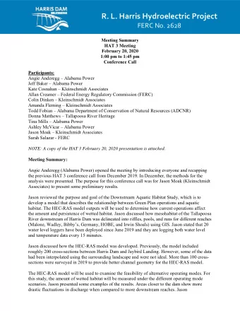 R. L. Harris Hydroelectric Project FERC No. 2628  Meeting Summary  HAT 3 Meeting  February 20, 2020