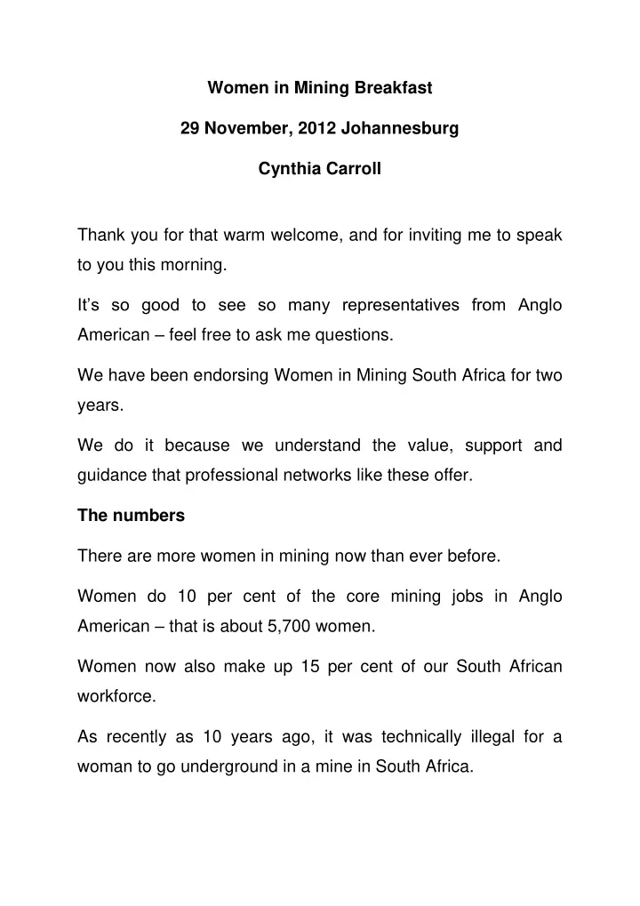 women in mining breakfast 29 november 2012 johannesburg