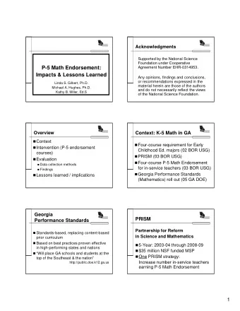 P-5 Math Endorsement:  Agreement Number EHR-0314953.  Impacts &amp; Lessons Learned  Any opinions,