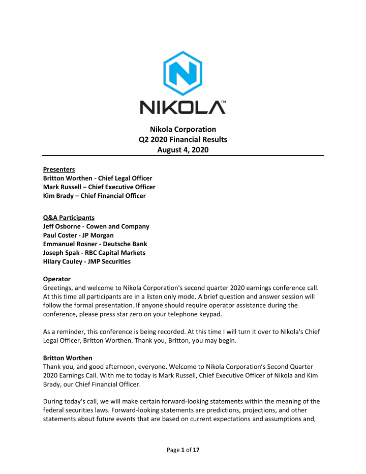 nikola corporation q2 2020 financial results august 4 2020