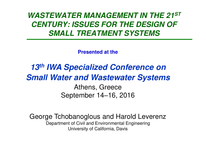 13 th iwa specialized conference on small water and