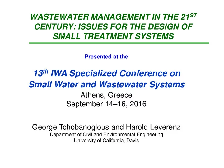 13 th iwa specialized conference on small water and