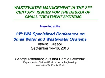 13 th IWA Specialized Conference on  Small Water and Wastewater Systems  Athens, Greece September