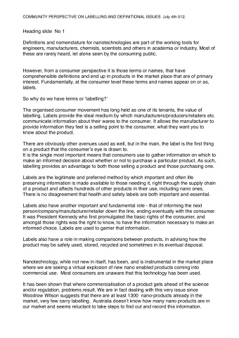 Heading slide  No 1  Definitions and nomenclature for nanotechnologies are part of the working