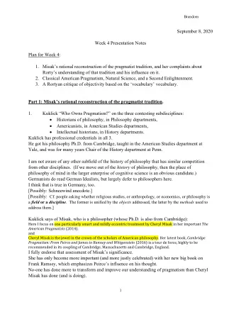 Brandom  September 8, 2020  Week 4 Presentation Notes  Plan for Week 4: 1. Misaks rational