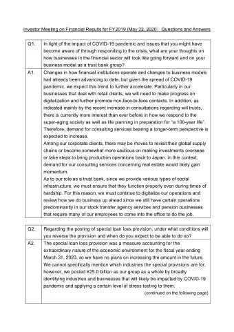 Investor Meeting on Financial Results for FY2019 (May 22, 2020  Questions and Answers Q1.  In