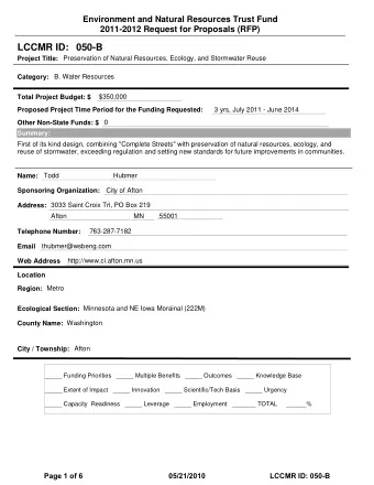 LCCMR ID: 050-B  Project Title:  Preservation of Natural Resources, Ecology, and Stormwater Reuse