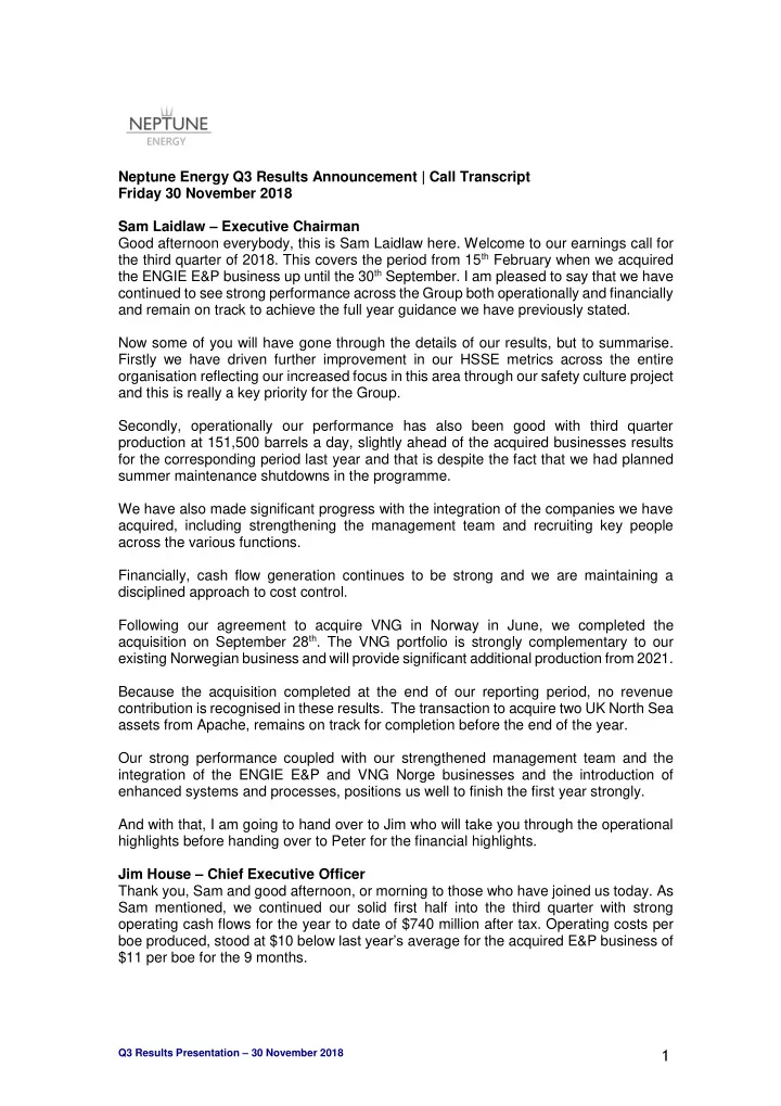neptune energy q3 results announcement call transcript
