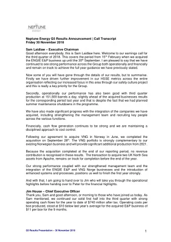 Neptune Energy Q3 Results Announcement | Call Transcript  Friday 30 November 2018 Sam Laidlaw