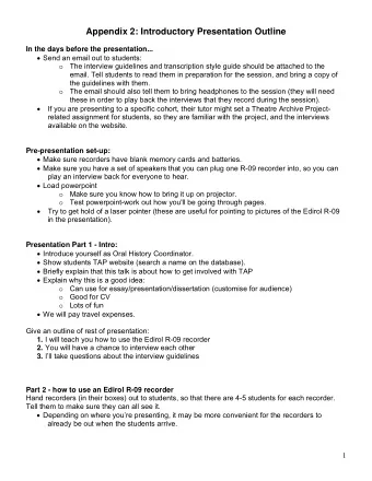 Appendix 2: Introductory Presentation Outline  In the days before the presentation...  Send an