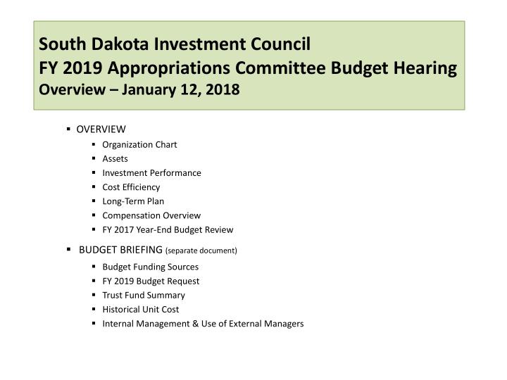 south dakota investment council fy 2019 appropriations