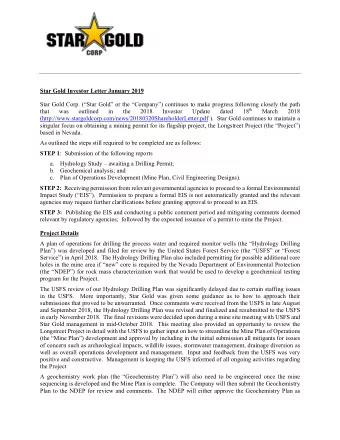 Star Gold Investor Letter January 2019  Star Gold Corp. (Star Gold or the Company)