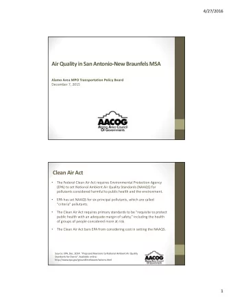 Air Quality in San Antonio  New Braunfels MSA Alamo Area MPO Transportation Policy Board