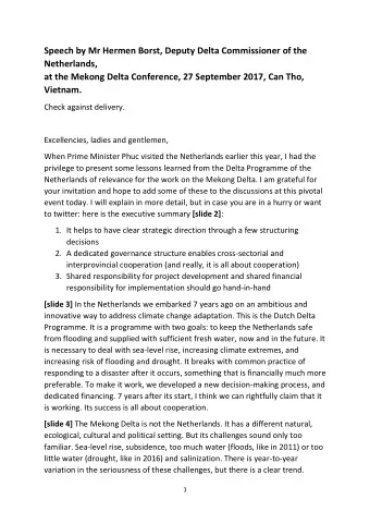 Speech by Mr Hermen Borst, Deputy Delta Commissioner of the  Netherlands,  at the Mekong Delta
