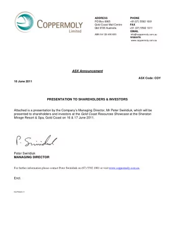 ABN 54 126 490 855                      info@coppermoly.com.au  WEBSITE  www.coppermoly.com.au  ASX