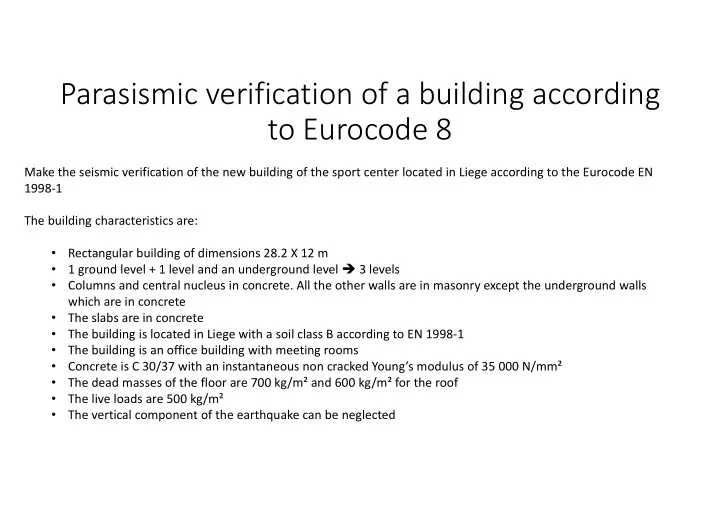 parasismic verification of a building according to