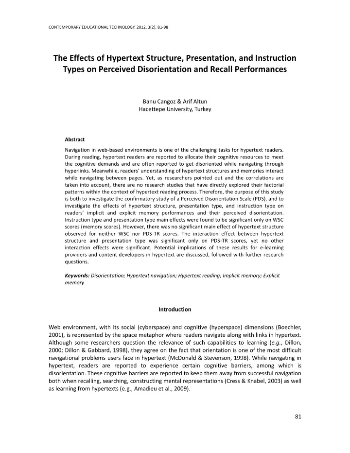 the effects of hypertext structure presentation and