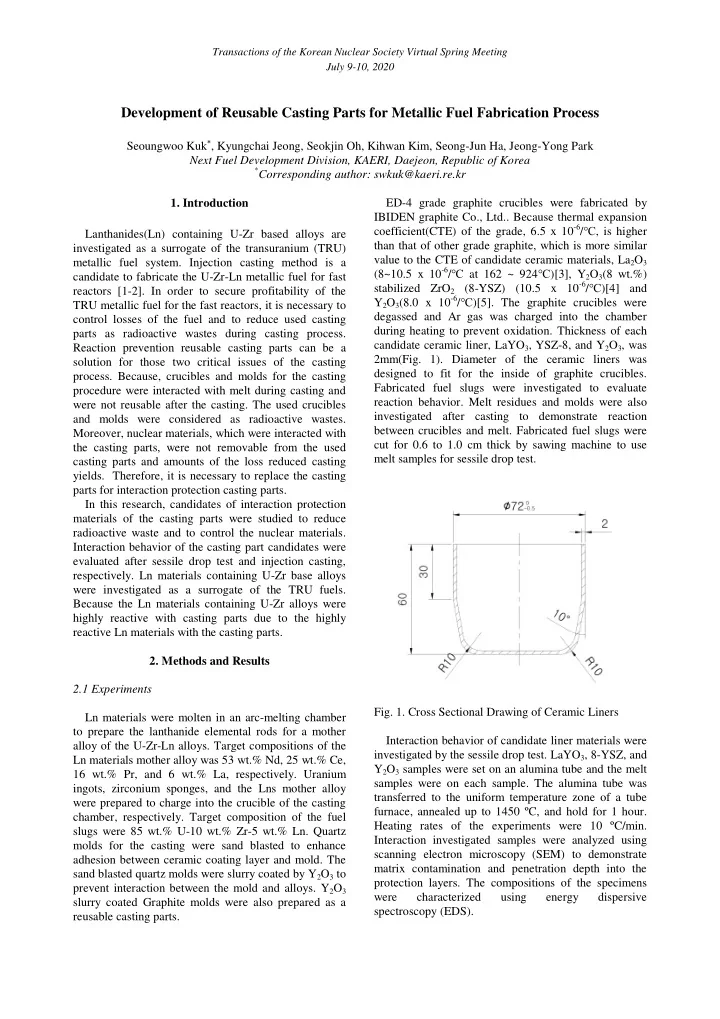 development of reusable casting parts for metallic fuel