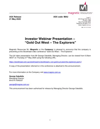 Investor Webinar Presentation  Gold Out West  The Explorers Magnetic Resources NL (
