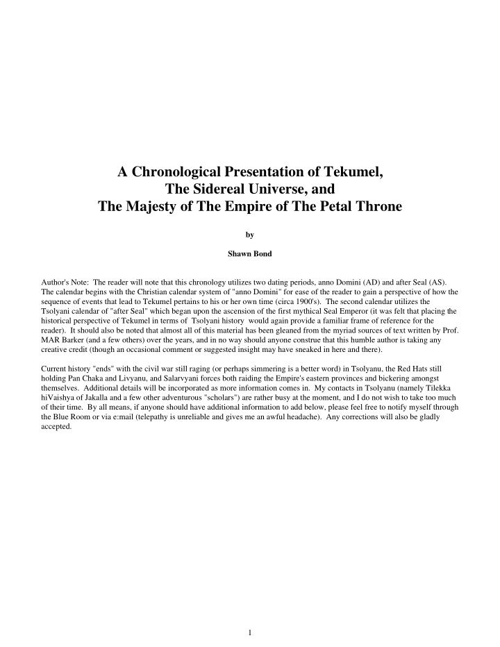 a chronological presentation of tekumel the sidereal