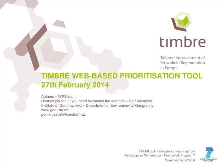 timbre web based prioritisation tool 27th february 2014