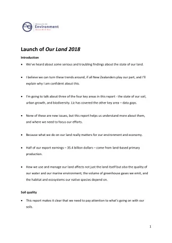 Launch of Our Land 2018  Introduction  Weve heard about some serious and troubling findings