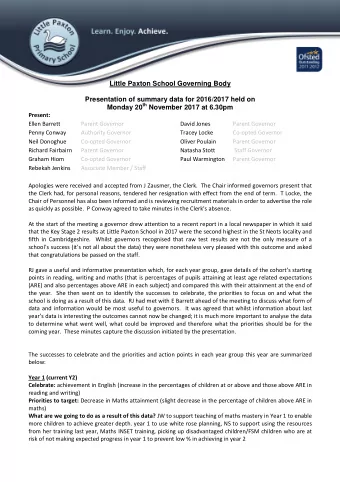 Little Paxton School Governing Body  Presentation of summary data for 2016/2017 held on Monday 20