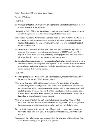 Vickery Extension IPC Presentation Namoi Water Tuesday 5 th February  SLIDE ONE  Jon-Marie Baker