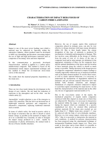CHARACTERISATION OF IMPACT BEHAVIOUR OF  CARBON FIBRE LAMINATES M. Mateos*, H. Zabala, J. I.