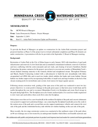 MEMORANDUM  To:  MCWD Board of Managers From: Laura Domyancich, Planner - Project Manager  Date: